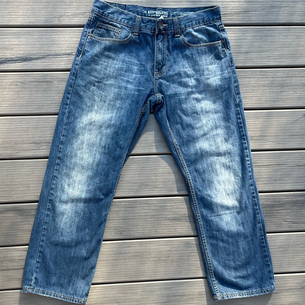 Urban Pipeline; Medium Blue; Relaxed Straight Jeans; Minor Distress; 33W/30L